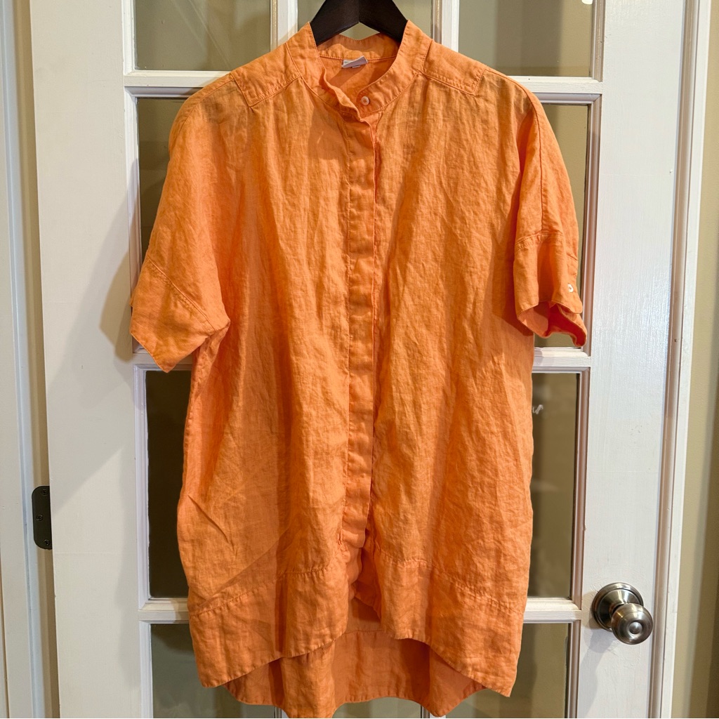 Aspesi Women 100% Orange Linen Button Short Sleeve Shirt Concealed Button